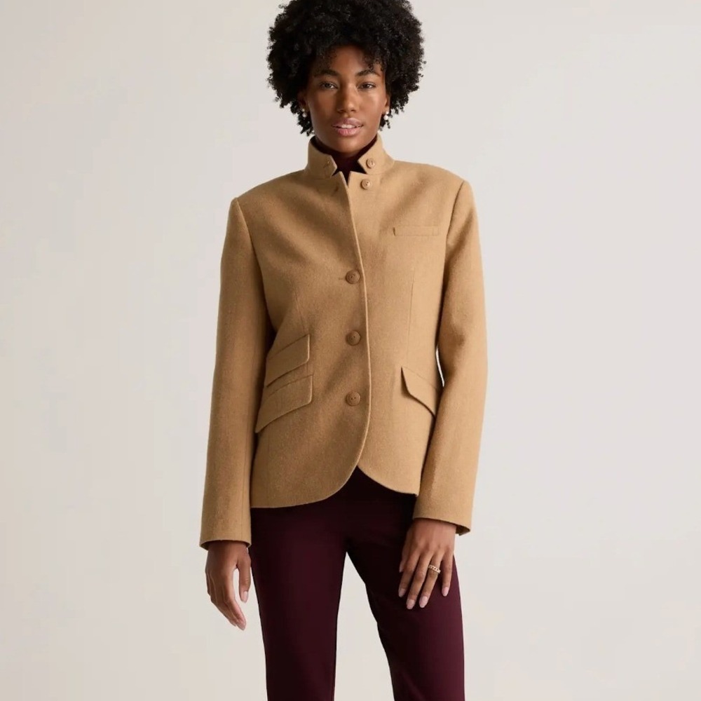 Quince Italian Wool Stand Collar Blazer M Warm Camel Tan Tailored Jacket Preppy